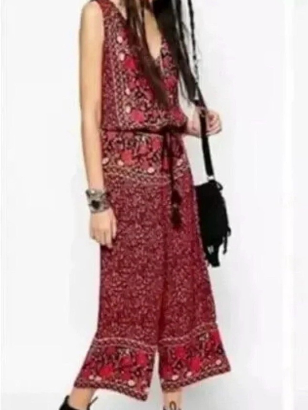 Free People Black Ditsy Floral Bohemian Wide Leg Culotte Cropped Jumpsuit  L